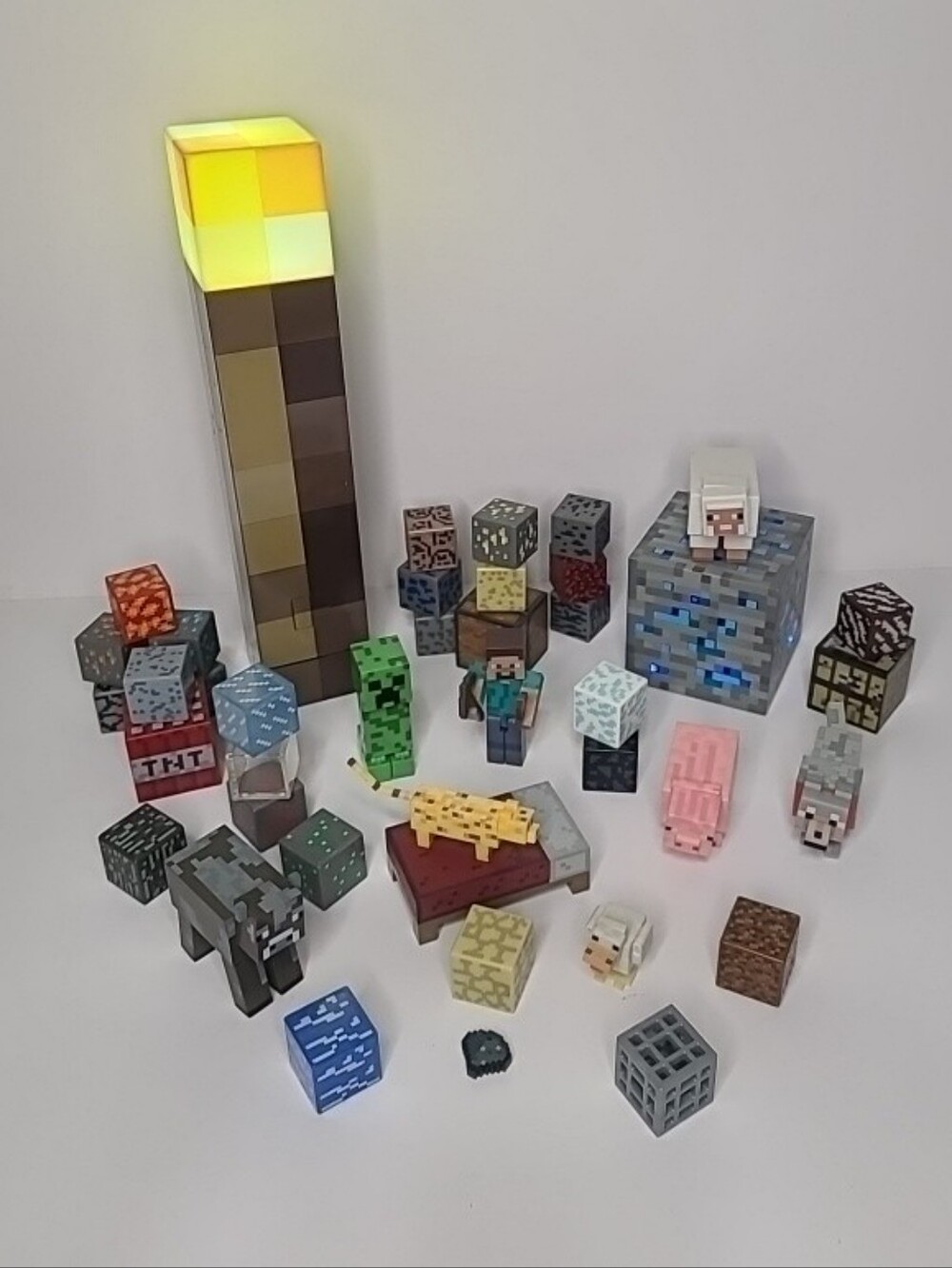 Minecraft Figures & Blocks Light Up Torch Diamond Ore Cube Steve Creeper Animals